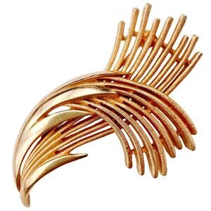 Vintage Signed Trifari Brooch Gold Tone Mid Century Modern Layered Abstract Pin